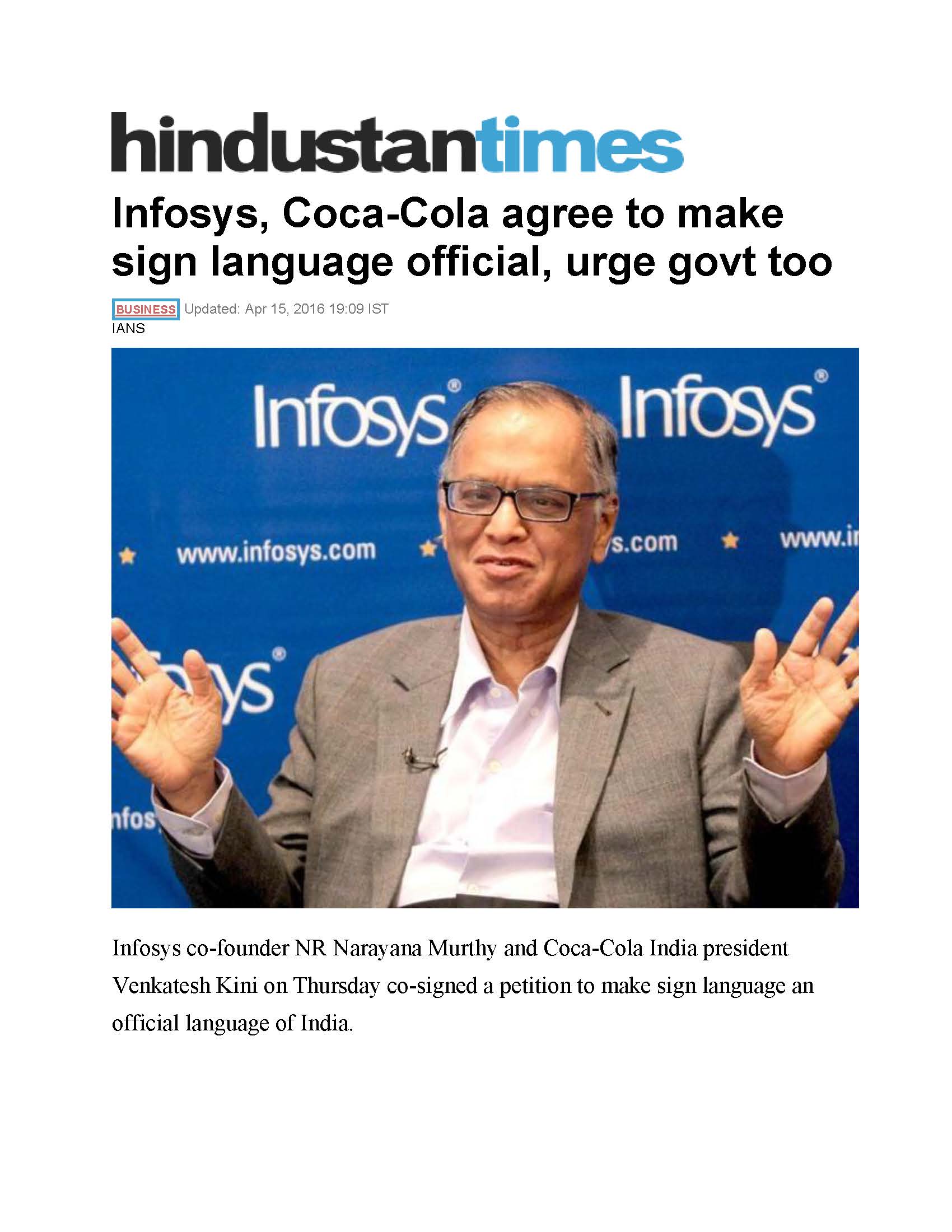 Infosys, Coca-Cola agree to make sign language official, urge Govt too