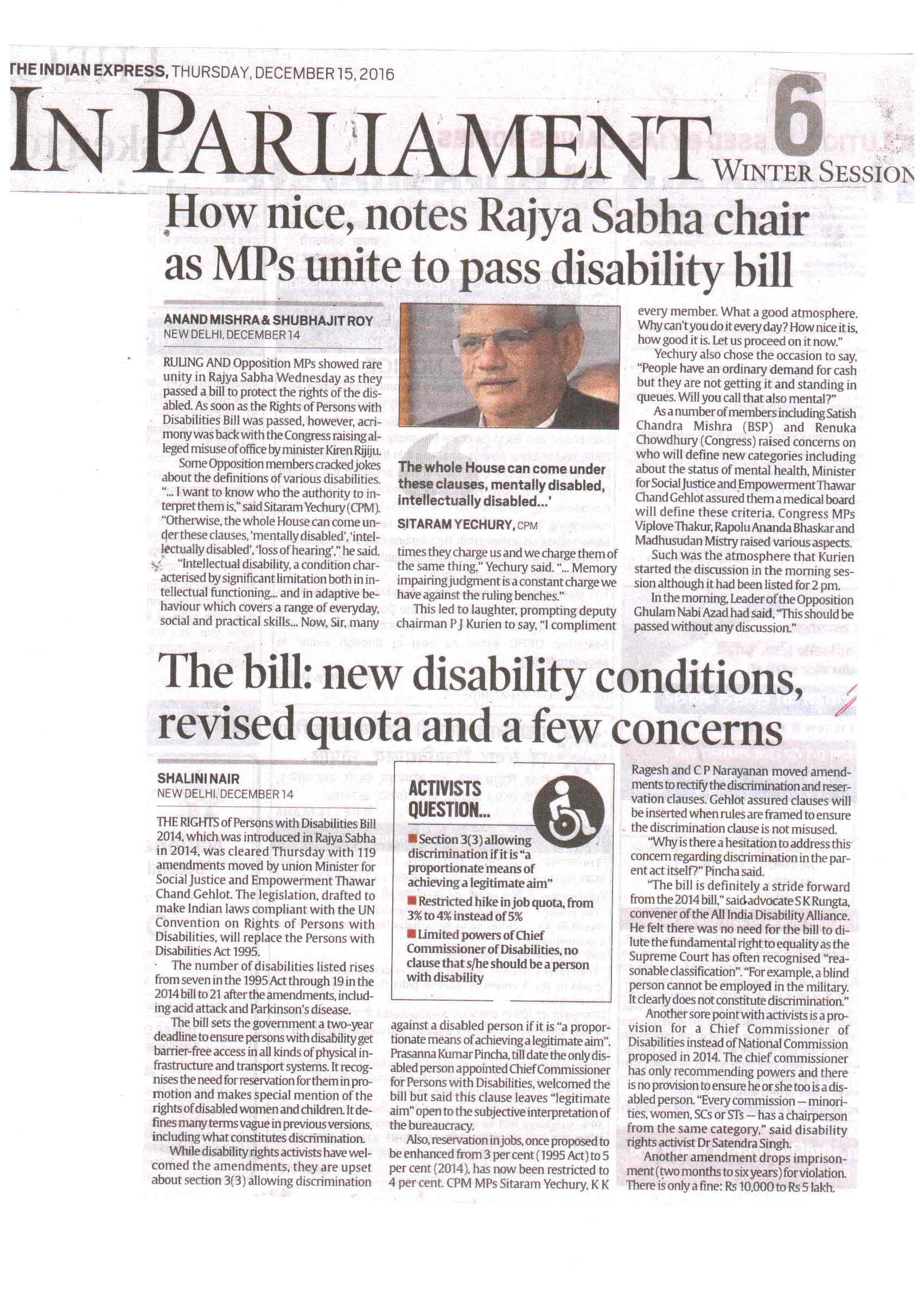 How nice, notes Rajya Sabha chair as MPs unite to pass disability bill