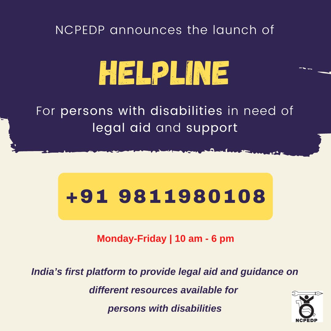 NCPEDP Helpline for PWD in need of legal aid and support.