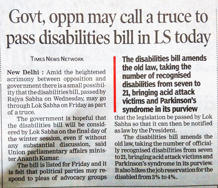 Govt, oppn may call a truce to pass disabilities bill in LS today